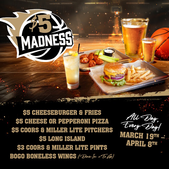 Several delicious food items, including burgers, pizza, beer and wings all specially priced.